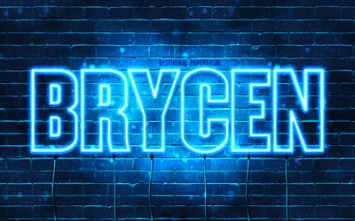 Brycen, 4k, fondos de pantalla con los nombres, el texto horizontal, Brycen nombre, luces azules de ne&#243;n, imagen con Brycen nombre