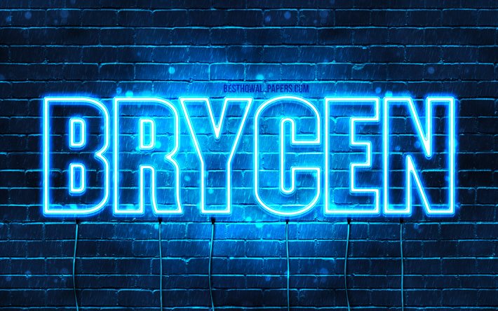 Brycen, 4k, pap&#233;is de parede com os nomes de, texto horizontal, Brycen nome, luzes de neon azuis, imagem com Brycen nome