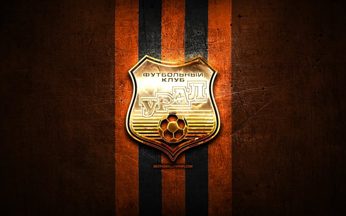 Ural FC, ouro logotipo, Russian Premier League, laranja metal de fundo, futebol, FC Ural, russo futebol clube, Ural de logotipo, R&#250;ssia