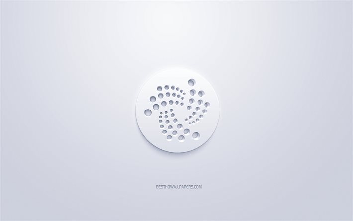IOTA logo, 3d white logo, 3d art, white background, cryptocurrency, IOTA, finance concepts, business, IOTA 3d logo