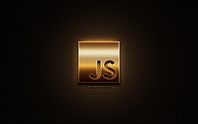 JavaScriptのグリッターロゴ, プログラミング言語, グリッドの金属の背景, JavaScript, 創造, プログラミング言語の看板, JavaScriptのロゴ