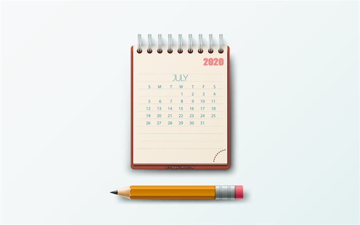 July 2020 Calendar, notepad, gray background, 2020 summer calendars, July, creative art, 2020 July calendar, 2020 calendars