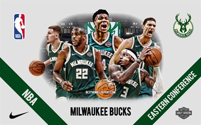 Milwaukee Bucks, American Basketball Club, NBA, ritratto, USA, basket, Fiserv Forum, logo Milwaukee Bucks, Brook Lopez, Khris Middleton, Giannis Antetokounmpo