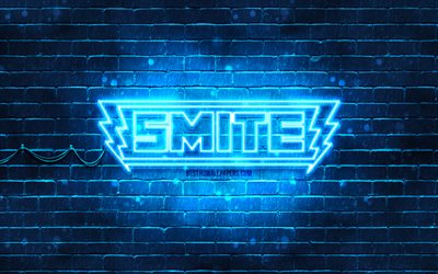 Smite blue logo, 4k, blue brickwall, logo Smite, cr&#233;atif, Smite n&#233;on logo, MOBA, Smite