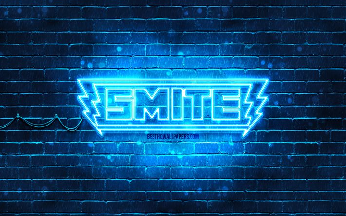 Logotipo da Smite azul, 4k, parede de tijolos azul, logotipo da Smite, criativo, logotipo da Smite neon, MOBA, Smite