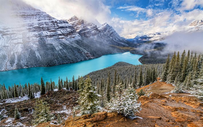 Peyto Lake, vinter, Banff, berg, 4K, vacker natur, Banff National Park, blue lake, Kanada, Alberta