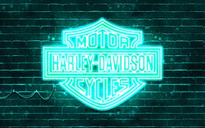 Harley-Davidson turkoosi logo, 4k, turkoosi tiilisein&#228;, Harley-Davidson logo, moottoripy&#246;r&#228;merkit, Harley-Davidson neonlogo, Harley-Davidson