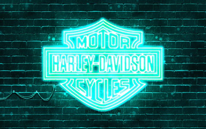 Logo turquoise Harley-Davidson, 4k, mur de briques turquoise, logo Harley-Davidson, marques de motos, logo n&#233;on Harley-Davidson, Harley-Davidson