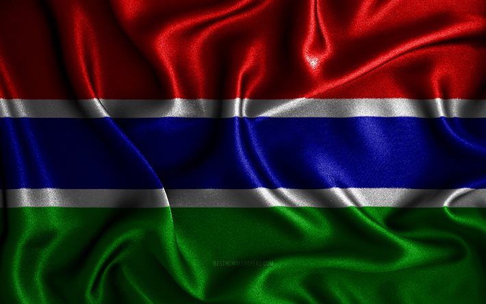 Bandiera del Gambia, 4k, bandiere ondulate di seta, paesi africani, simboli nazionali, bandiera del Gambia, bandiere in tessuto, arte 3D, Gambia, Africa, bandiera 3D del Gambia