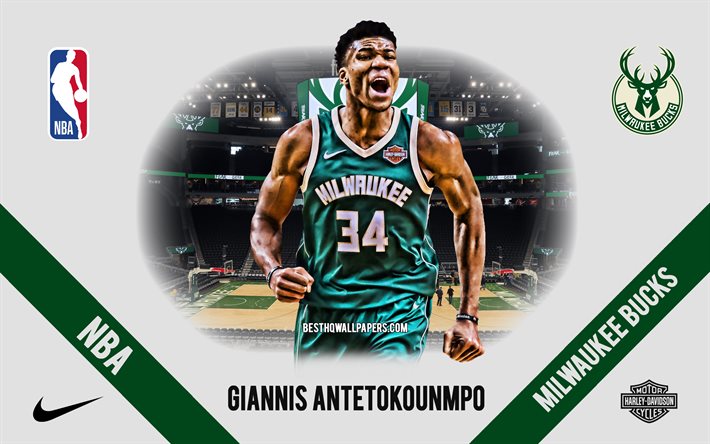 Giannis Antetokounmpo, Milwaukee Bucks, American Basketball Player, NBA, portrait, USA, basketball, Fiserv Forum, Milwaukee Bucks logo