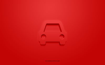 Car 3d icon, red background, 3d symbols, Car, Transport icons, 3d icons, Car sign, Transport 3d icons