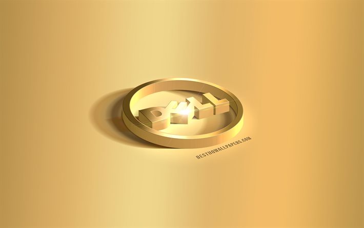 dell 3d rundes gold logo, dell gold hintergrund, kreative kunst, gold hintergrund, dell, 3d dell rundes gold emblem