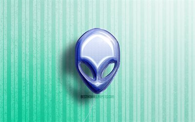4k, Alienware3Dロゴ, 青いリアルな風船, ブランド, Alienwareのロゴ, 青い木製の背景, エイリアンウェア