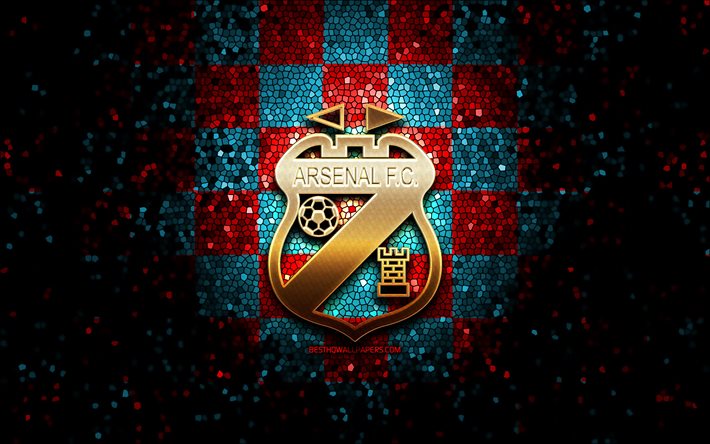Arsenal Sarandi FC, parıltılı logo, Arjantin Primera Division, mavi kırmızı damalı arka plan, futbol, Arjantin futbol kul&#252;b&#252;, Arsenal Sarandi logosu, mozaik sanatı, Arsenal Sarandi