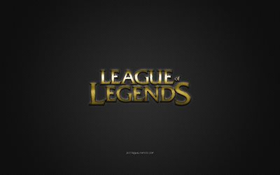 League of Legends, pop&#252;ler oyun, League of Legends altın logosu, gri karbon fiber arka plan, League of Legends logosu, League of Legends amblemi