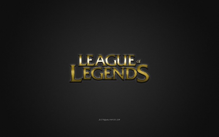 League of Legends, pop&#252;ler oyun, League of Legends altın logosu, gri karbon fiber arka plan, League of Legends logosu, League of Legends amblemi