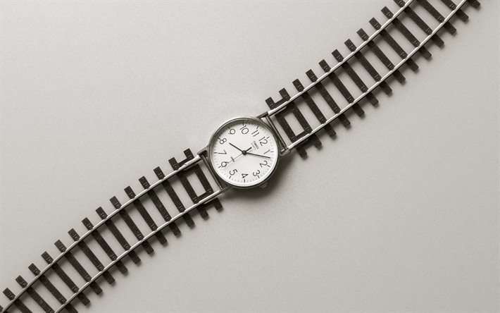 Temps de voyager, chemin de fer, bou&#233;e de sauvetage, concepts de temps, montres, temps, horloge sur fond gris