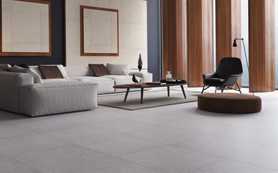 stilvolles apartmentdesign, wohnzimmer, beige marmorplatten an den w&#228;nden, modernes innendesign, graues sofa