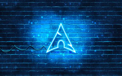 Logo blu di Arch Linux, 4k, sistema operativo, muro di mattoni blu, logo di Arch Linux, Linux, logo al neon di Arch Linux, Arch Linux