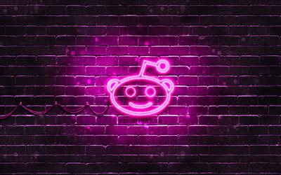 Reddit mor logosu, 4k, mor brickwall, Reddit logosu, sosyal ağlar, Reddit neon logosu, Reddit