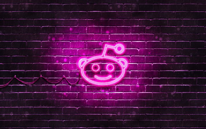 Redditの紫色のロゴ, 4k, 紫ブリックウォール, Redditロゴ, ソーシャルネットワーク, Redditネオンロゴ, Reddit