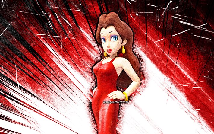 4k, Pauline, grunge art, Lady or the Beautiful, Super Mario, red abstract rays, Super Mario characters, Super Mario Bros, Pauline Super Mario