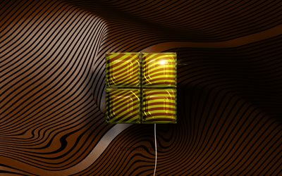 Microsoft3Dロゴ, 4K, 金色のリアルな風船, ブランド, Microsoftロゴ, 茶色の波状の背景, Microsoft