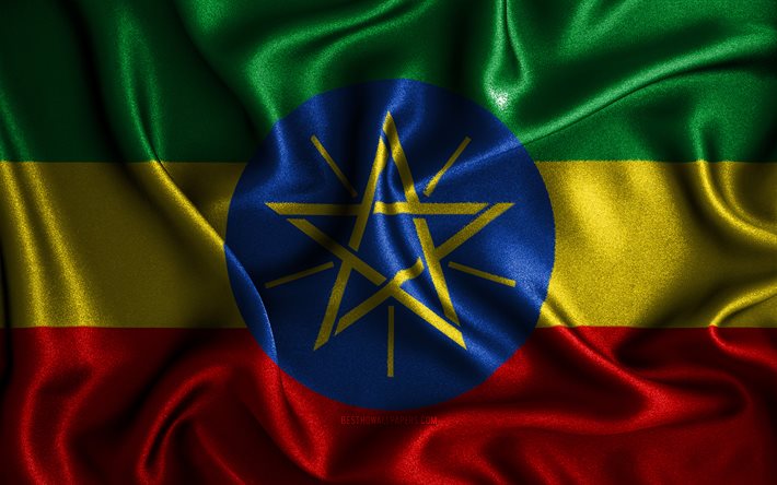 Drapeau &#233;thiopien, 4k, drapeaux ondul&#233;s en soie, pays africains, symboles nationaux, drapeau de l&#39;Ethiopie, drapeaux en tissu, drapeau Ethiopie, art 3D, Ethiopie, Afrique, drapeau Ethiopie 3D