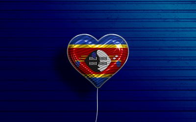 I Love Eswatini, 4k, realistic balloons, blue wooden background, African countries, Eswatini flag heart, favorite countries, flag of Eswatini, balloon with flag, Eswatini flag, Eswatini, Love Eswatini