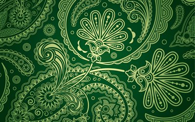 Paisley texture verte, 4k, ornements d&#39;or Paisley, fond vert Paisley, motif Paisley vert, texture Paisley