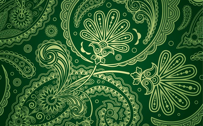 Paisley yeşil doku, 4k, Paisley altın s&#252;sler, yeşil Paisley arka plan, yeşil desenli desen, Paisley doku