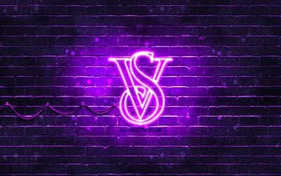 Victorias Secret violet logo, 4k, violet brickwall, Victorias Secret logo, fashion brands, Victorias Secret neon logo, Victorias Secret