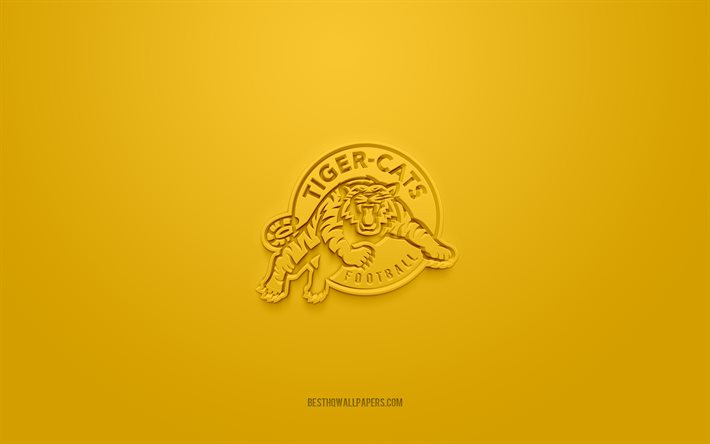 Hamilton Tiger-Cats, club de football canadien, logo 3D cr&#233;atif, fond jaune, Ligue canadienne de football, Hamilton, Canada, LCF, football am&#233;ricain, logo 3d Hamilton Tiger-Cats