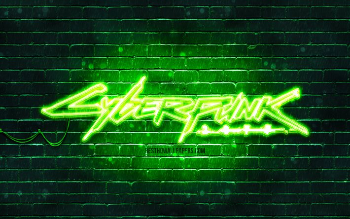 Cyberpunk 2077 yeşil logo, 4k, yeşil tuğla duvar, sanat eseri, Cyberpunk 2077 logosu, RPG, Cyberpunk 2077 neon logo, Cyberpunk 2077