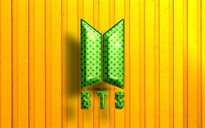 BTS 3D logo, 4K, Bangtan Boys logo, green realistic balloons, yellow wooden backgrounds, Bangtan Boys, BTS logo, BTS