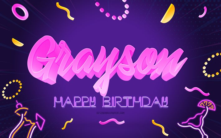 Hyv&#228;&#228; syntym&#228;p&#228;iv&#228;&#228; Grayson, 4k, Purple Party Background, Grayson, creative art, Happy Grayson birthday, Grayson name, Grayson Birthday, Birthday Party Background