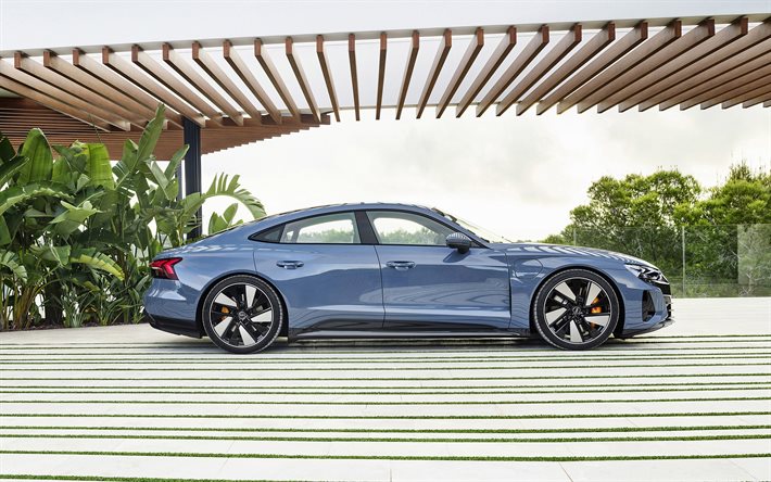 2022年, アウディE-TronGT Quattro, 側面図, 外側, 新しい青いE-TronGT Quattro, 電気自動車, ドイツ車, アウディ