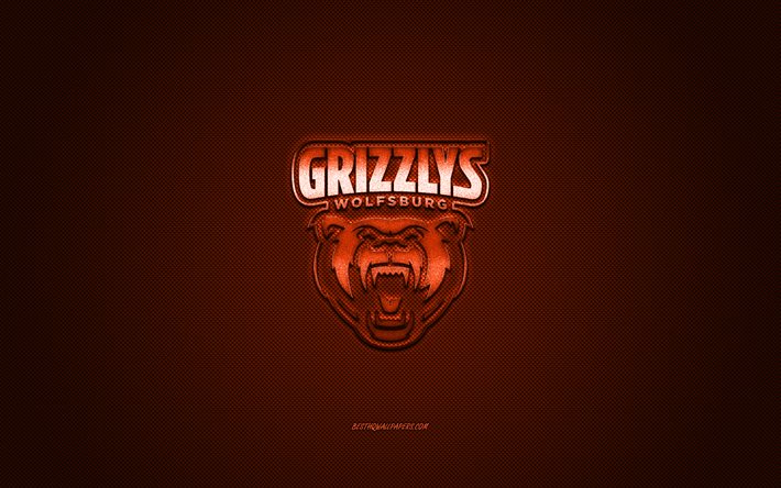 grizzly wolfsburg, deutscher hockeyclub, deutsche eishockey liga, orangefarbenes logo, del, orangefarbener kohlefaserhintergrund, eishockey, wolfsbur, deutschland, grizzly wolfsburg logo