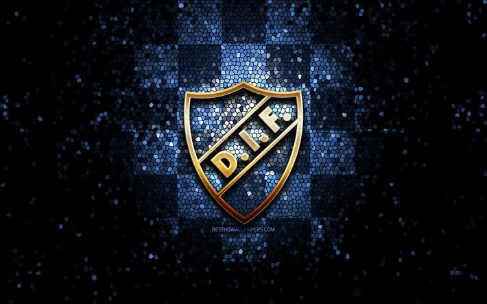 Djurgarden FC, glitter logo, Allsvenskan, blue checkered background, soccer, swedish football club, Djurgarden logo, mosaic art, football, Djurgarden IF
