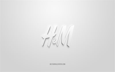Logotipo HM, fundo branco, logotipo HM 3D, arte 3D, HM, logotipo da marca, logotipo HM, logotipo branco 3d HM, Hennes Mauritz