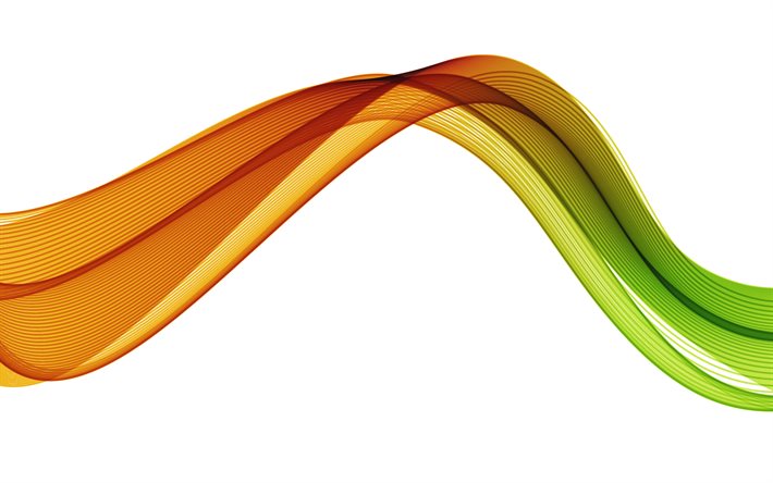 onda abstrata laranja-verde, 4k, onda laranja-verde em um fundo branco, fundo laranja-verde, abstra&#231;&#227;o de onda laranja, fundo de ondas, fuma&#231;a de onda laranja-verde