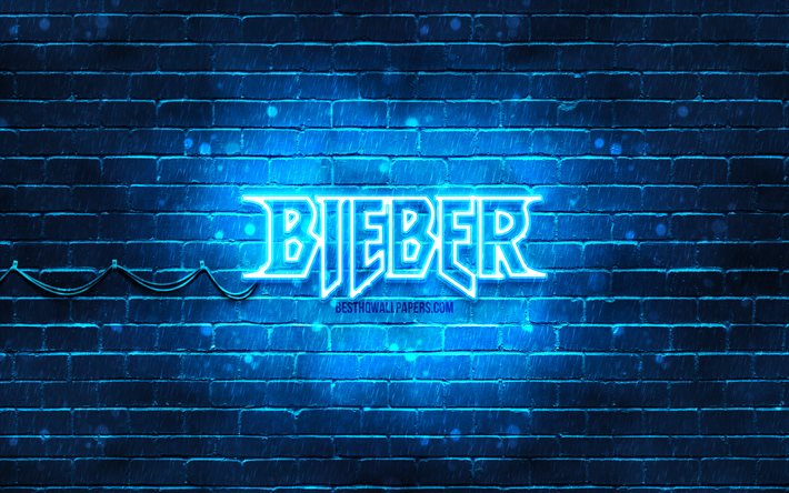 Justin Bieber blue logo, 4k, american singer, blue brickwall, Justin Bieber logo, Justin Drew Bieber, Justin Bieber, music stars, Justin Bieber neon logo