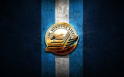 HC Vitkovice Steel, golden logo, Extraliga, blue metal background, czech hockey team, czech hockey league, Vitkovice Steel logo, hockey, Vitkovice Steel