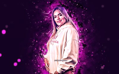 Karol G, 4K, violet neon lights, colombian singer, music stars, colombian celebrity, Carolina Giraldo Navarro, creative, Karol G 4K