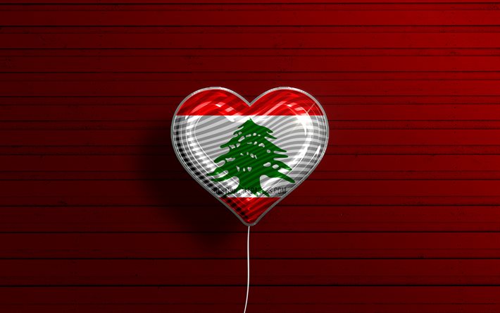 J&#39;aime le Liban, 4k, ballons r&#233;alistes, fond en bois rouge, pays asiatiques, coeur de drapeau libanais, pays pr&#233;f&#233;r&#233;s, drapeau du Liban, ballon avec drapeau, drapeau libanais, Liban, amour du Liban