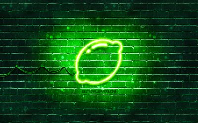 Lime neon icon, 4k, green background, neon symbols, Lime, creative, neon icons, Lime sign, food signs, Lime icon, food icons