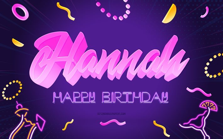 Grattis p&#229; f&#246;delsedagen Hannah, 4k, Purple Party Background, Hannah, kreativ konst, Grattis Hannah f&#246;delsedag, Hannah namn, Hannah Birthday, Birthday Party Background
