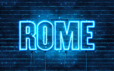 Roma, 4k, pap&#233;is de parede com nomes, nome de Roma, luzes de neon azuis, Anivers&#225;rio de Roma, Feliz Anivers&#225;rio Roma, nomes masculinos italianos populares, foto com nome de Roma