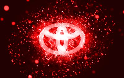 Toyota punainen logo, 4k, punaiset neonvalot, luova, punainen abstrakti tausta, Toyota-logo, automerkit, Toyota