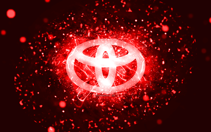 Toyota red logo, 4k, red neon lights, creative, red abstract background, Toyota logo, cars brands, Toyota